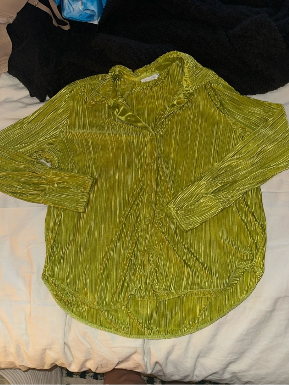 good american green pleated plisse button down blouse